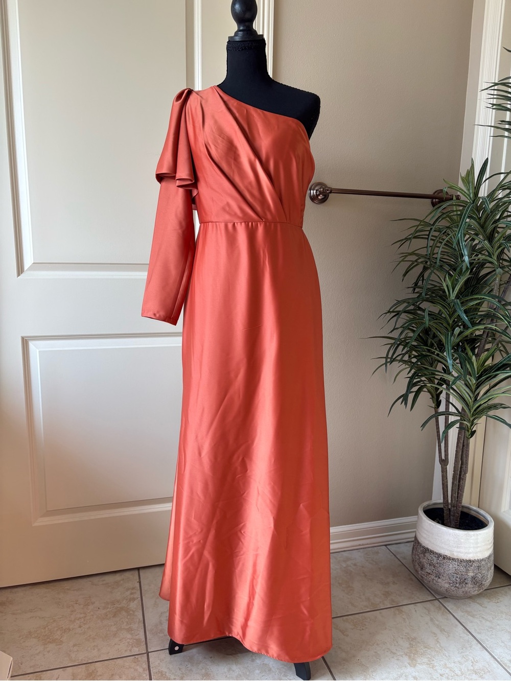 One-Shoulder Coral Evening Gown with Draped Sleeve Mia Paluzzi #fall